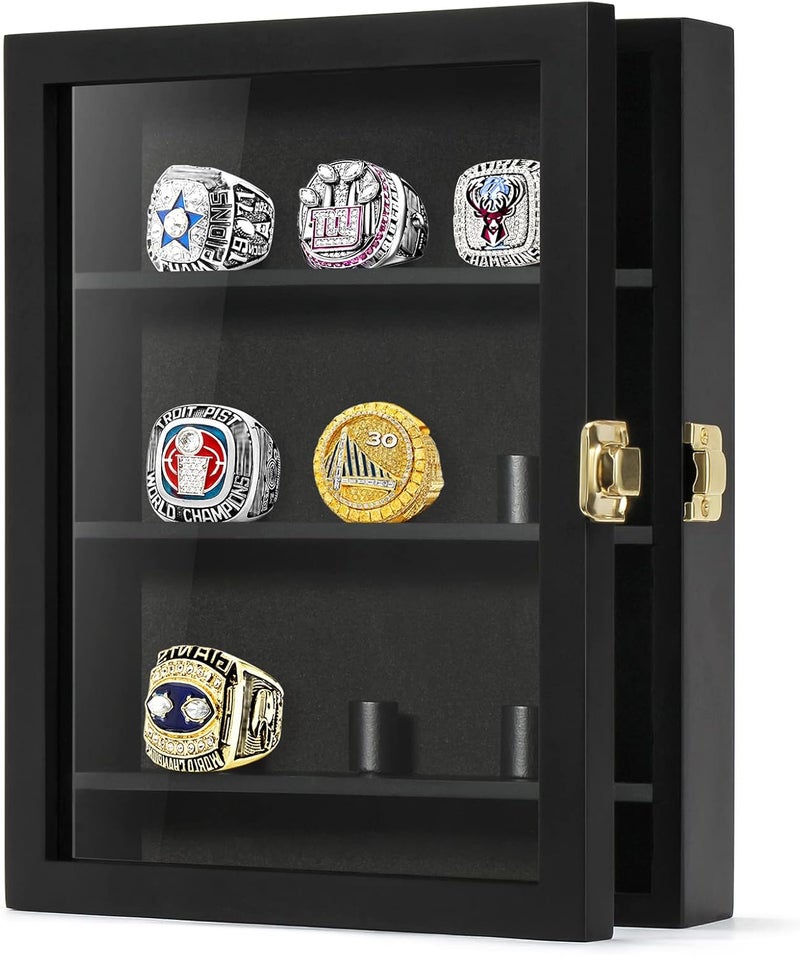 TJMOREE Championship Ring Display Case, 9 Posts Baseball & MoreDisplay Case, 8x10 Wall Mount Wooden Glass Shadow Box with Locks - Black - Image 1